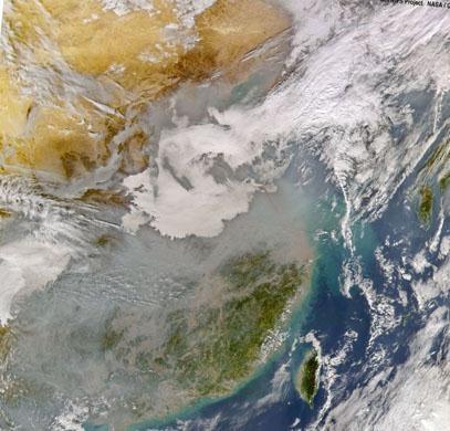 A satellite image showing a haze of pollution over