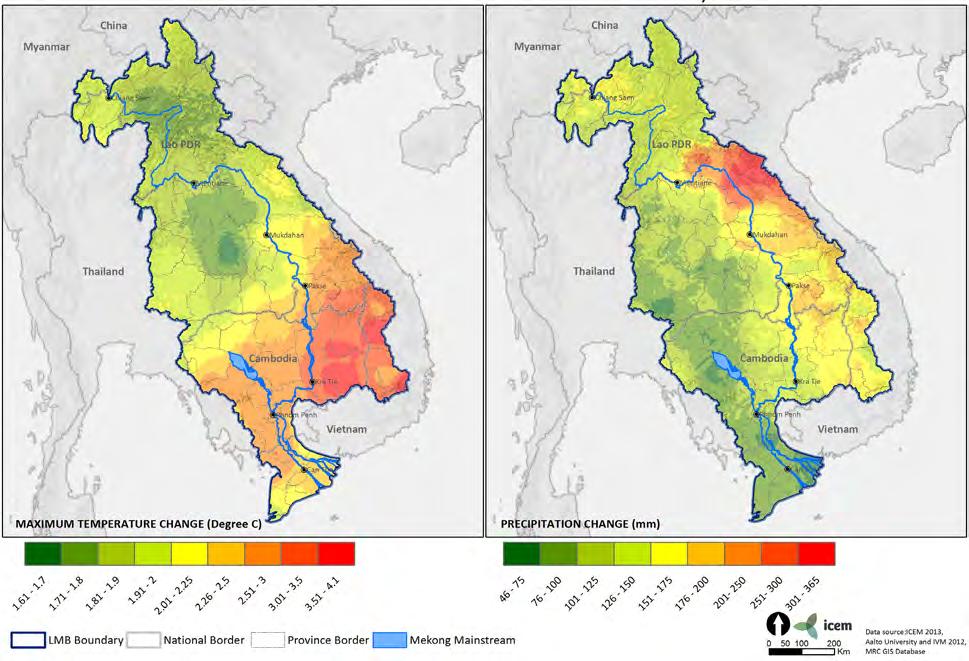 industrial crops like rubber, robusta coffee, and cassava shifting to areas of higher altitude with optimal suitability in 2050 centered on northern Thailand and northern Lao PDR; Plains and lower