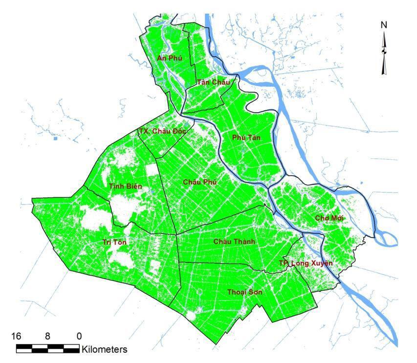 Data set: RADARSAT-2, 2016, An Giang District Agency data (ha) Estimated area (ha) Difference percentage (%) An Phu 13,640 13,679 0.3 Cho Moi 13,304 14,784 11.1 Chau Phu 34,940 30,274-13.