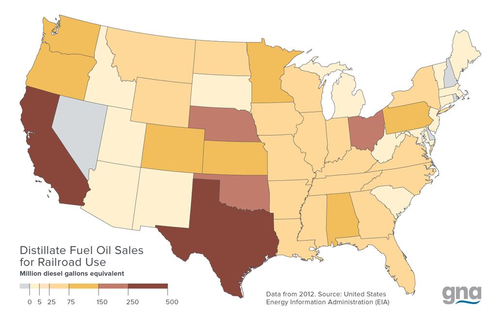 Figure 11: Distillate (diesel) fuel sales by State for Railroad End Use (2012) 27 Switcher locomotives consume the remaining 8 percent of diesel fuel used in rail.
