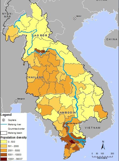 Figure 14: Population density in provinces within the LMB As a result, all countries but Thailand have a very young and predominantly rural population.