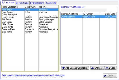 27 Viewing certificates/licences for an employee Certificate/licences held for an employee is accessed either from the toolbar Training, select button or from menu / Training select