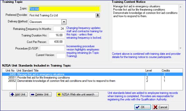 Training topics may be edited from the training by topic window. Topic a unique name for the training topic.