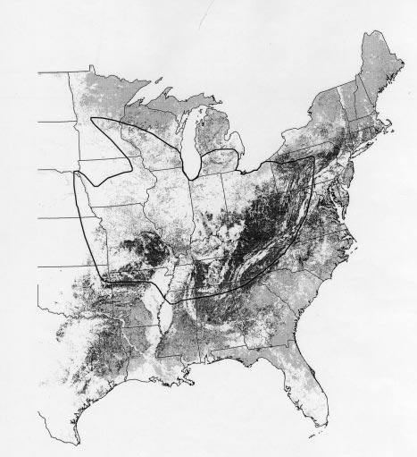 Figure 1. Distribution of forest in the Eastern United States. Oak-dominated upland forest is shown as dark gray, all other forest as light gray.