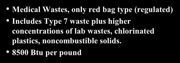 8500 Btu per pound Type 8 Medical Waste - High Chlorine Content Medical Wastes, only red bag type