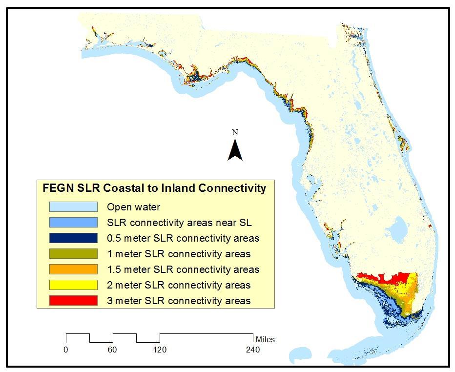 Appendix G. Coast to Inland Connectivity G-5 Figure 2. This map shows the areas of coastal to inland connectivity areas in a range of potential sea level rise (elevations) from 0.5-3m.