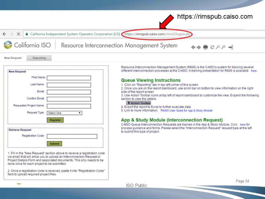 - RIMS Home Page defaults to the New Request tab - Information on the right instructs a user on how