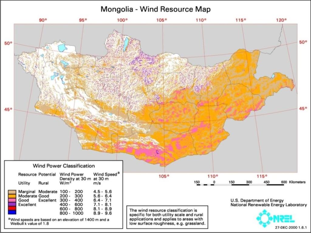 2. Reserve and exploitation of energy resources Mongolia Wind energy Wind energy can be developed over 1.1TW, the power generation can reach 2600TWh.