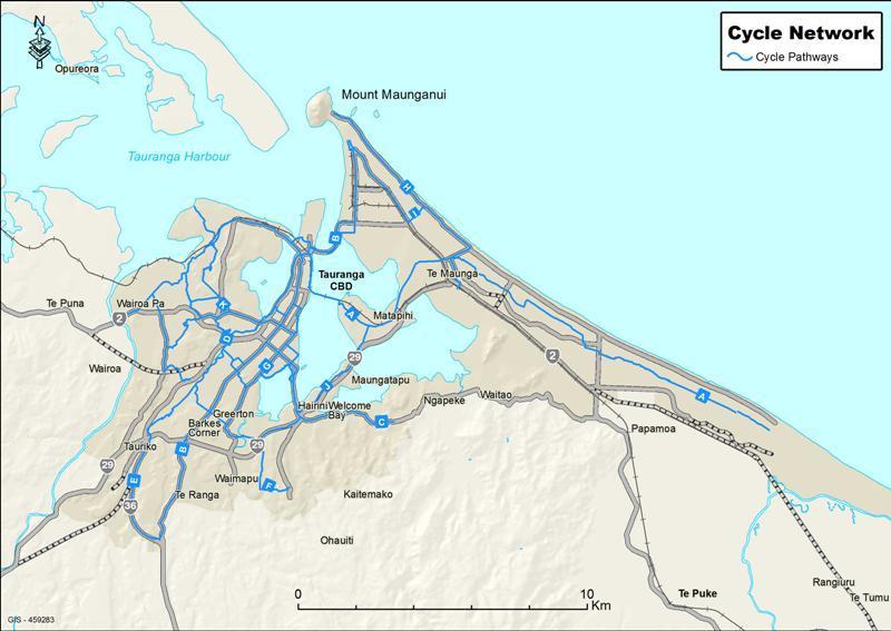 Figure 17: Tauranga cycle network Within the proposed cycle and pedestrian networks, there are a number of critical connections required to provide grade-separated access for users as shown
