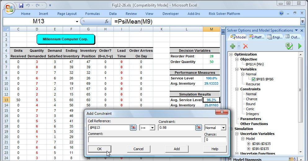 Chapter 12 Introduction to Simulation Using Risk Solver Platform 40 Defining the service level constraint for the optimization model. Figure 12.29 After clicking OK in the dialog shown in Figure 12.