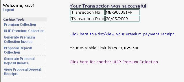 After clicking OK button the following screen will be displayed giving details of the successful transaction.