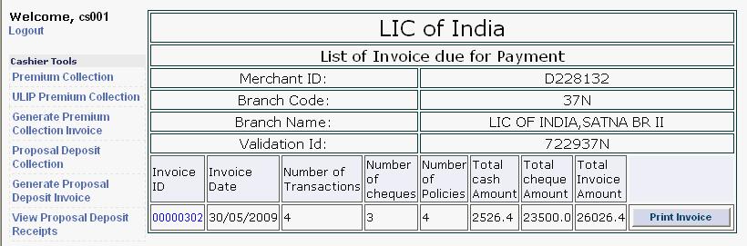 On clicking the Generate Invoice button following screen will be displayed. Please note that the Senior Business Associate should not generate invoice for each and every transaction.