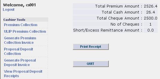 On confirmation the following screen will be displayed, showing the details of the transaction. If the details displayed are correct the Cashier has to click on Print Receipt button shown above.