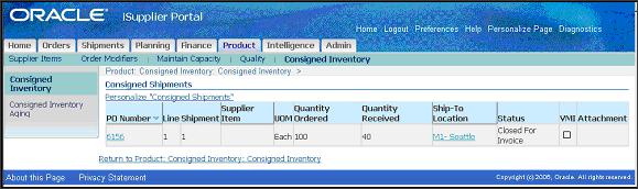 On-Hand Items Window Consigned Shipments Inquiry Window Using the Consigned Shipments window, you can view information about the shipment status of consigned purchase orders.