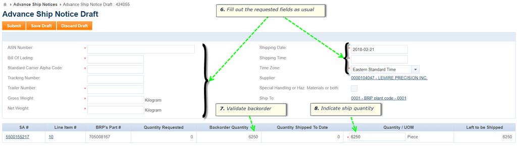 Figure 27 - Prepare and send the ASN Fill out the requested fields of the ASN and indicate the quantity of the backorder part