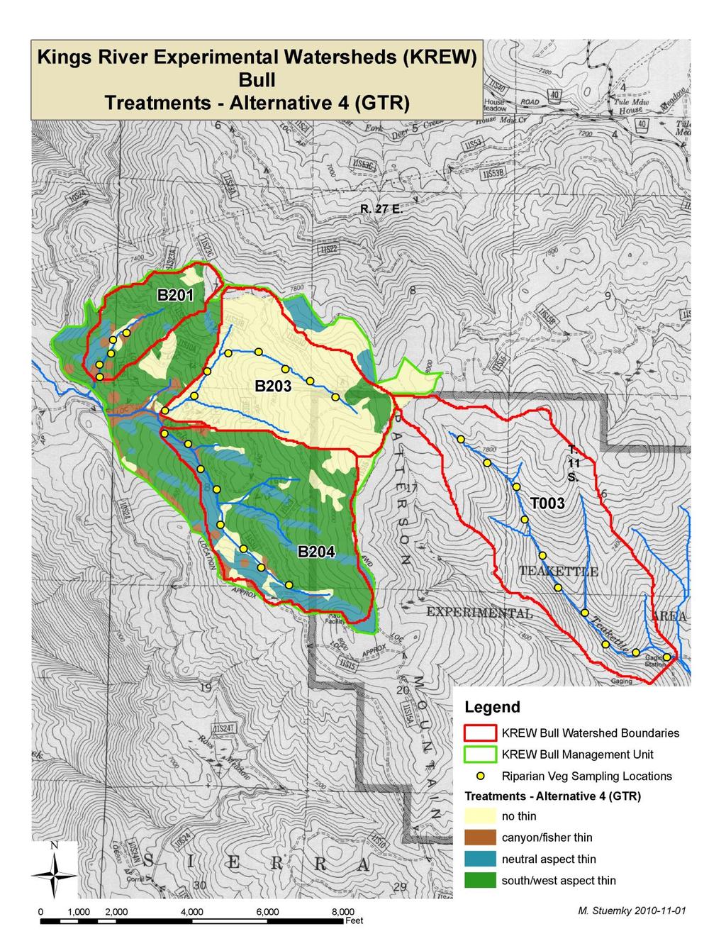 Figure 3-8-3. Permanent transects for sampling of treatment effects on riparian vegetation of the Bull Unit research watersheds.