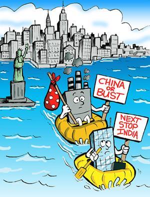 27. This carton is about outsourcing. a. The characters in the rafts represent factories and office buildings. b. The signs mean they are headed for China and India. c. Outsourcing causes jobs in the U.