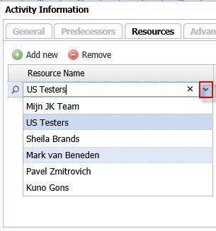 Gantt Chart, a Search button enables to look for Resources that are not in the dropdown list of resources in the Project Item Activity Information window.
