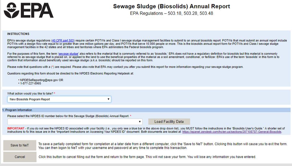 6.2 Completing Your Annual Program Report 6.2.1 From the What action would you like to take? drop-down menu, select New Biosolids Program Report 6.2.2 The Annual Program Report is a responsive form, meaning questions will appear as you fill out information.