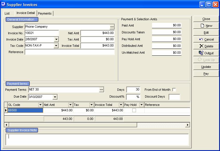 7. Financial Management Supplier Invoices The Supplier Invoices screen is where all supplier invoices that are not related to purchase orders are entered.
