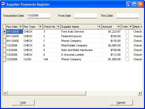 7. Financial Management Payments Register All past supplier payments are listed in the Payments Register screen, which includes a void payment capability.