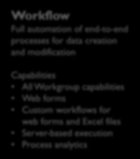 capabilities Web forms Custom workflows for web forms and Excel files Server-based