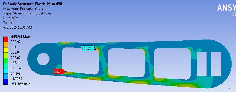 Figure 10 Image of Broken Crank Figure 11 ANSYS showing the maximum principal stress For the non-linear simulation, the crank was loaded to 1800N which was the measured failure load of the physical