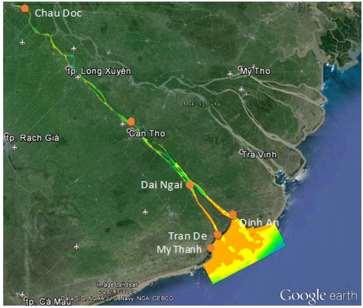 of climate change and sea level rise for account. The study area covers two estuaries called Tran De and Dinh An and extends to Chau Doc station (Fig. 1). Figure 1: Study area and measuring stations.