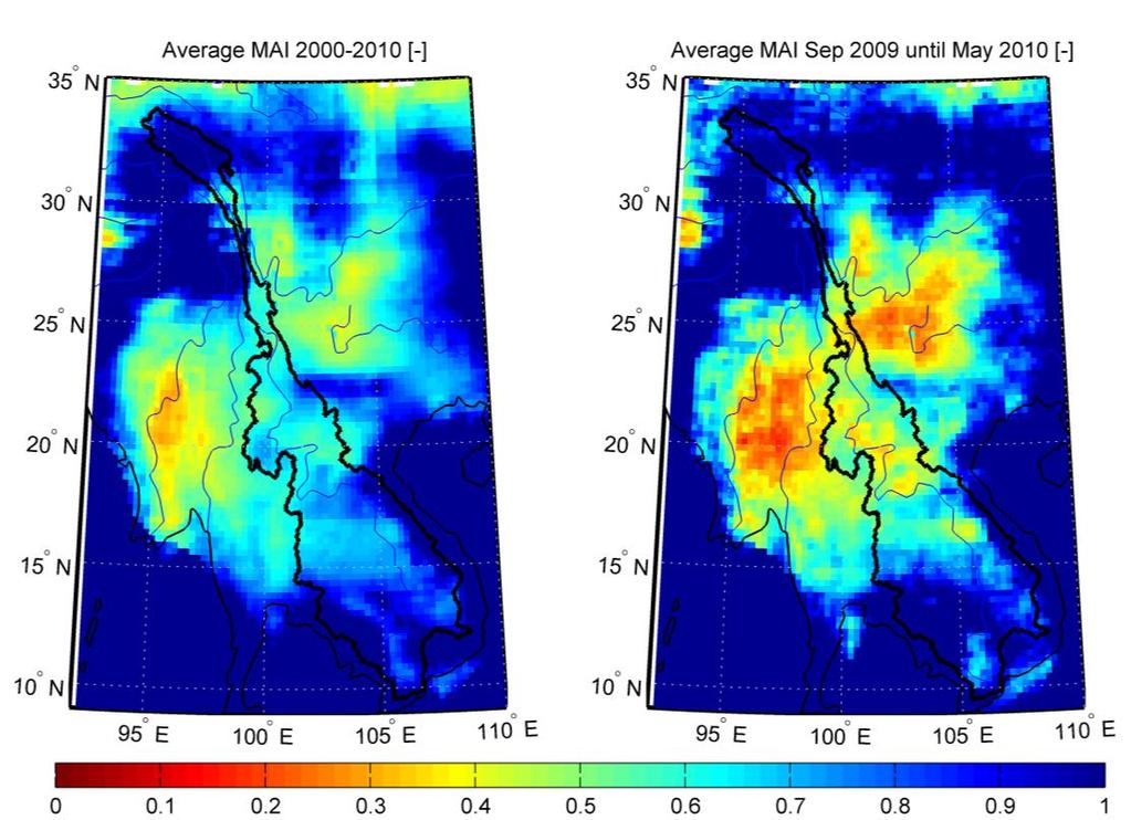 Figure 17: Average MAI for the entire period Sep 2000 through May 2010 (left), and for Sep 2009 through May 2010 (right). 3.2 Agricultural Drought 3.2.1 Normalized Difference Vegetation Index As was mentioned in Section 2.