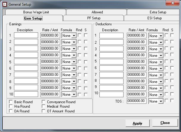 A.2.1 Payroll setup In this payroll setup, you can feed information about all employees by using general setup, bonus setup, allowed, PF setup, ESI setup and extra setup.