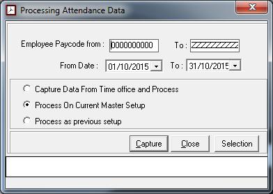 B. Data Processing: B.1.1 Pay Processing By using this option, you can process for attendance data. There is three types of data, you can process: Figure B.1.1: Pay Processing I.