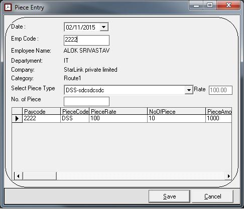 G.2.1 Piece Entry: In this piece entry, you enter paycode and press tab and detail of that employee will automatically show on screen.