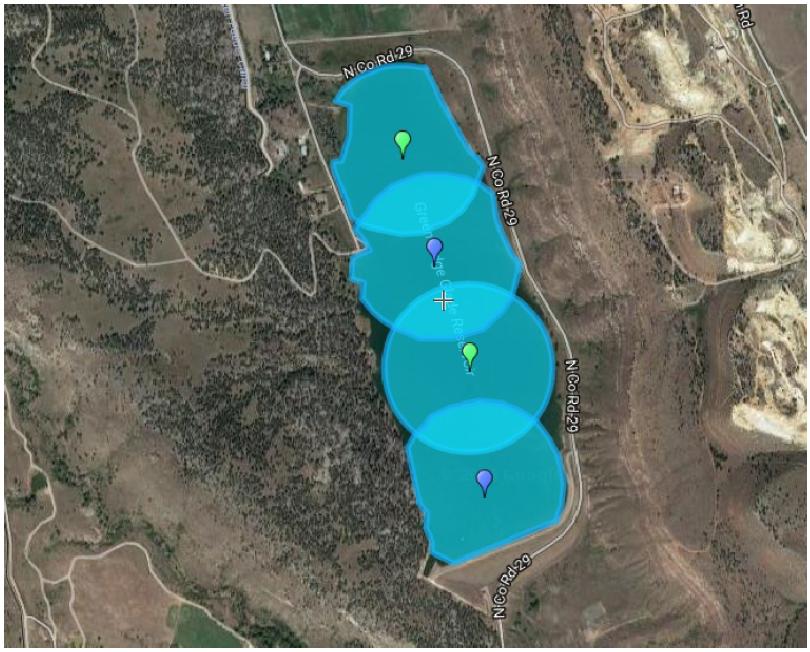 Figure 10 Proposed locations for MPC Buoy and MPC Buoy Lite in the Green Ridge Glade Reservoir KEY: Blue: MPC Buoy Green: MPC Buoy Lite Benefits and Drawbacks The benefits and drawbacks of the LG