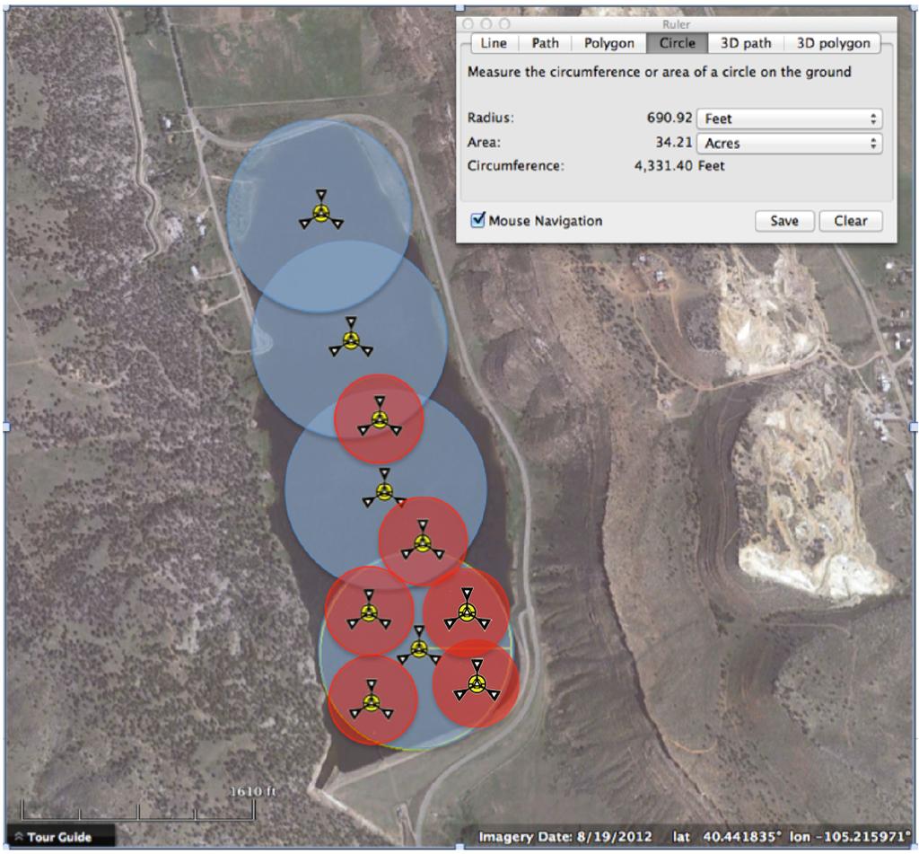 Figure 11 Proposed installation locations for Medora's SolarBee technology KEY: Blue: Epilimniotic Mixers Green: Hypolimniotic Mixers Benefits and Drawbacks Benefits and drawbacks for Reservoir