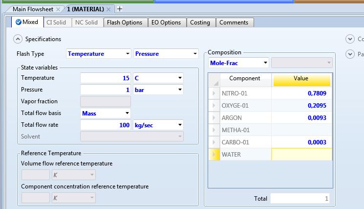 Streams: entering inputs Mass flow rate, temperature,