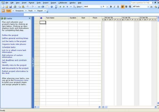 Microsoft Project 2007 Overview Project Guide Toolbar Project Guide Options View Area The Project Guide 1. Click the View menu. 2. Select Turn On Project Guide. 3.