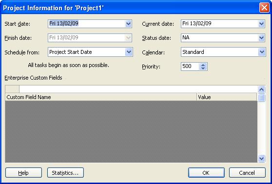 Starting a Project The Project Information dialog box 1. Select the Project menu. 2. Select the Project Information command. 3. Click the Schedule from list. 4.