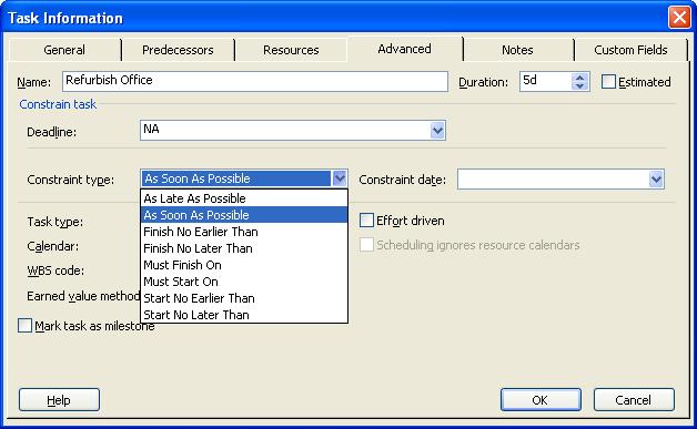 Outlining Tasks Constraint Description start date for a task in a project scheduled from the finish date backward.