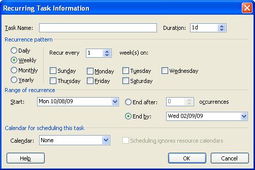Outlining Tasks The Recurring Task Information dialog box If you later add or edit tasks resulting in a change in the project duration, you will need to edit the recurring task(s) to correspond with