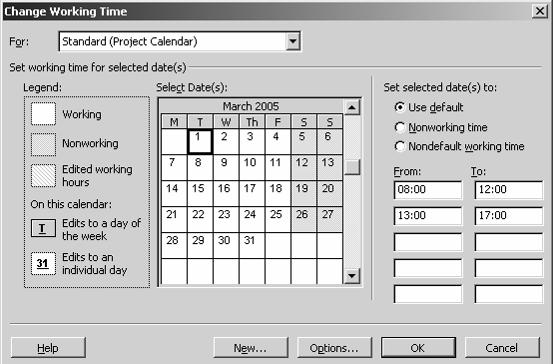 Lesson 2 Starting a Project Microsoft Project 2002(XP) 03 Level 1 The Change Working Time dialog box To mark multiple days in the currently displayed calendar at the same time, drag to select the