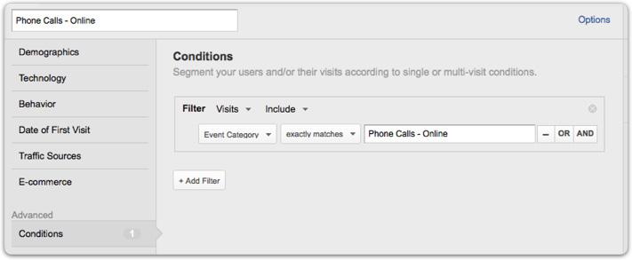 Then create a segment named Phone Calls - Online Include Event Category Exactly matching Phone Calls - Online You can repeat