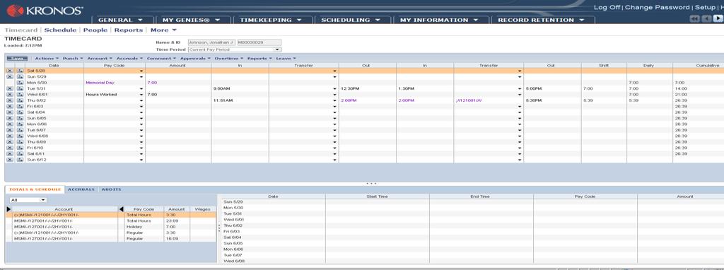 2 This is the view of the employee timecard. The view consists of Timecard Header, Workspace, and Tabs.