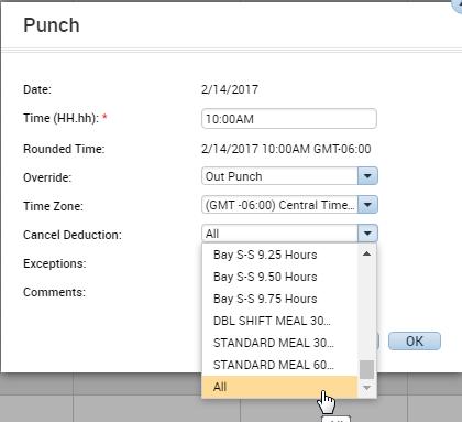 3 Right-click on one of the Out-punches and click Edit. 4 In the Cancel Deduction field, scroll to the bottom and select All.