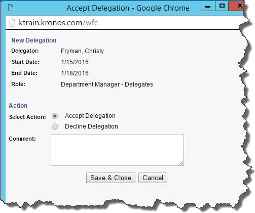 request s information. B Select the row displaying the alert and click the Show Detail button to open the Accept Delegation screen.