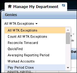 Pay Period Close Tasks for Supervisors and Time Approvers Viewing Genies to Close the Pay Period Columns Displays information relevant to the end-of-payroll cycle.