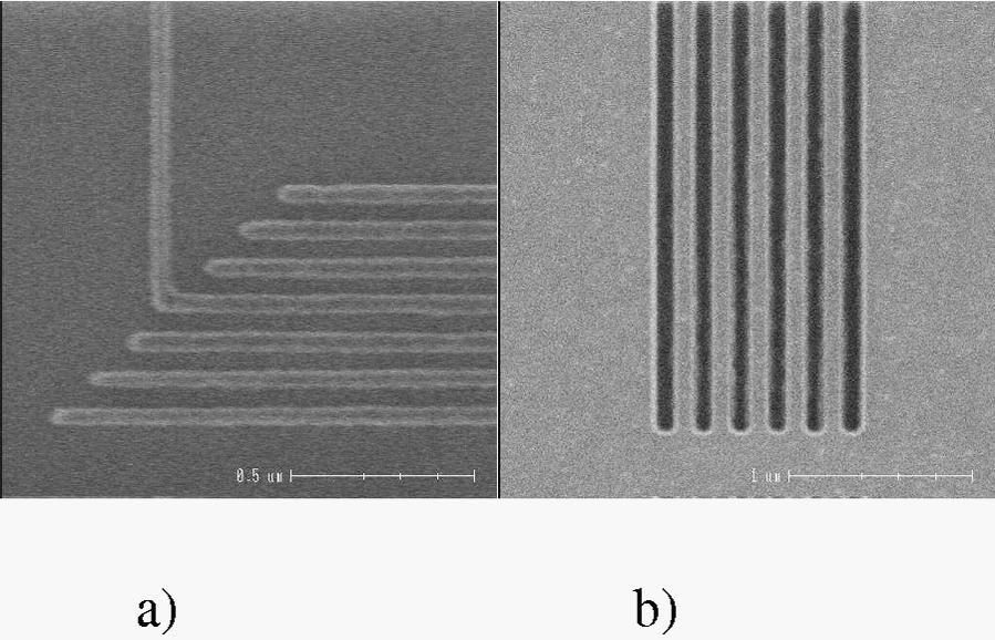 The 100-nm lines/ spaces after oxide etch and resist strip (b), showing that the ITO film eliminates charge build-up and provides sufficient contrast during CD-SEM inspection. Fig. 7.