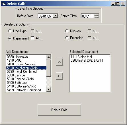 Delete Calls Purpose Clicking on this button will allow you delete phone call records from the Homisco server. Calls can be deleted by division, department, extension and line type.