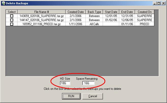 Note that at the bottom of the Delete Backups screen there are small windows that display the total hard drive space on the server, HD Size, and the space remaining, Space Remaining.
