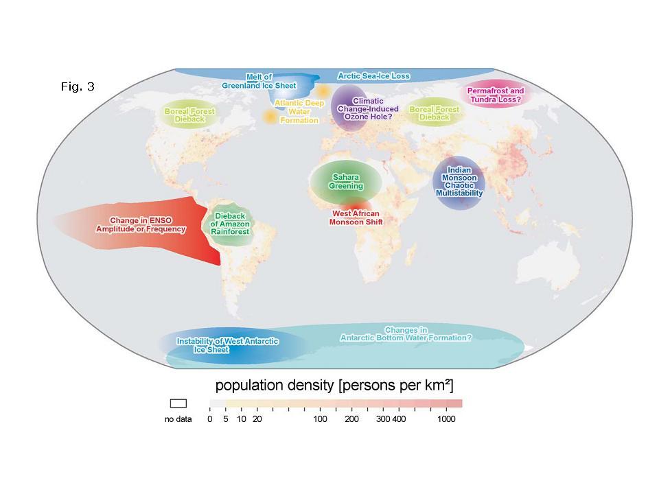Figure 3. Map of potential policy-relevant tipping elements in the climate system overlain on global population density.