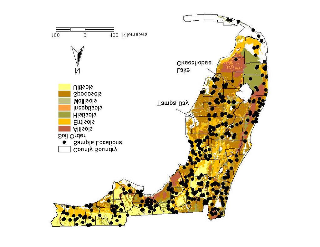 FIGURE 4-1. Georeference of 422 soil samples used in this study, which are located in 51 counties.